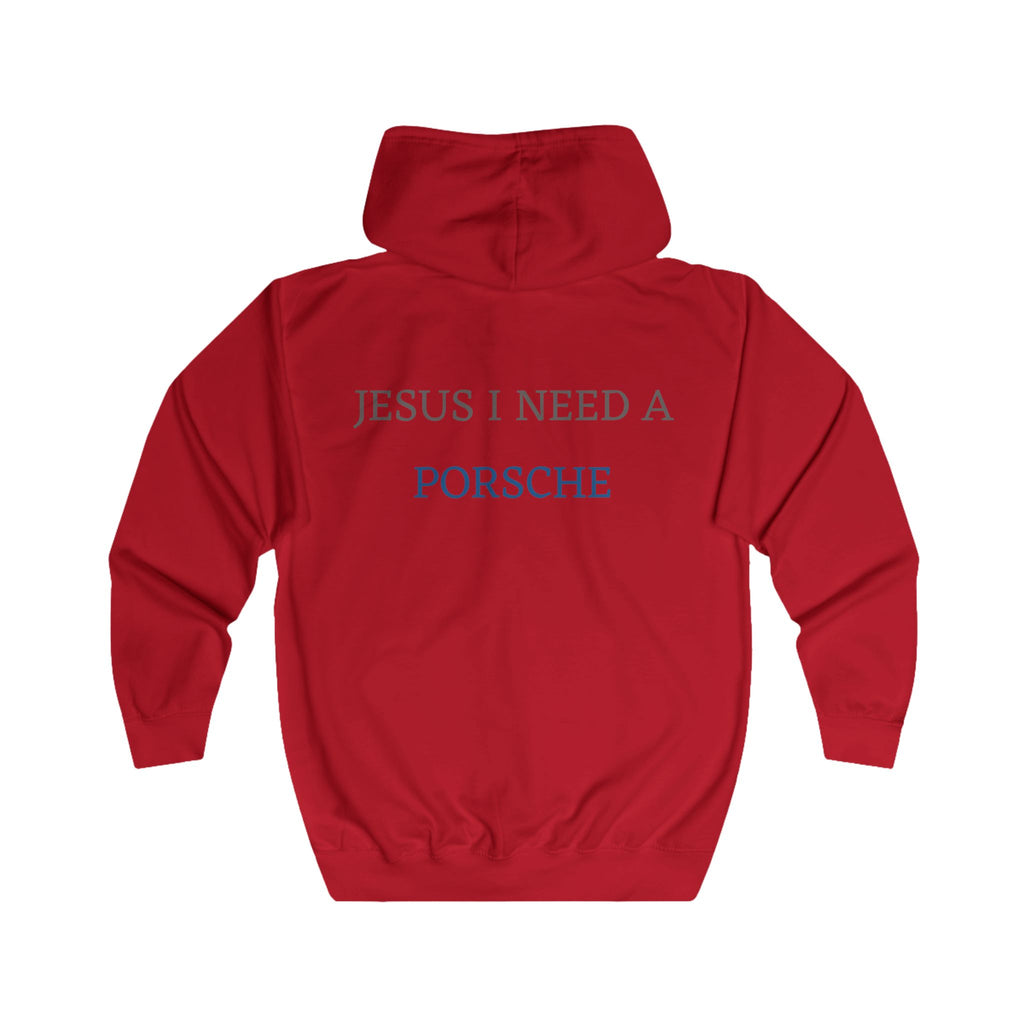 Zip Hoodie – "Jesus I Need a Porsche" Religious Humor Zip-Up Hoodie