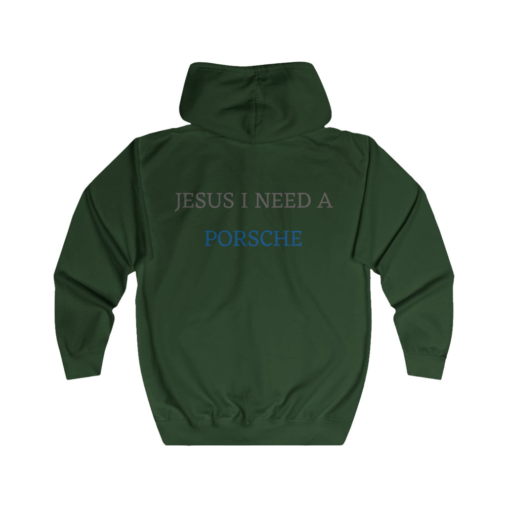 Zip Hoodie – "Jesus I Need a Porsche" Religious Humor Zip-Up Hoodie